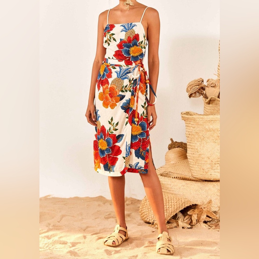 FARM Rio White Pineapple Flowers Midi Dress XS